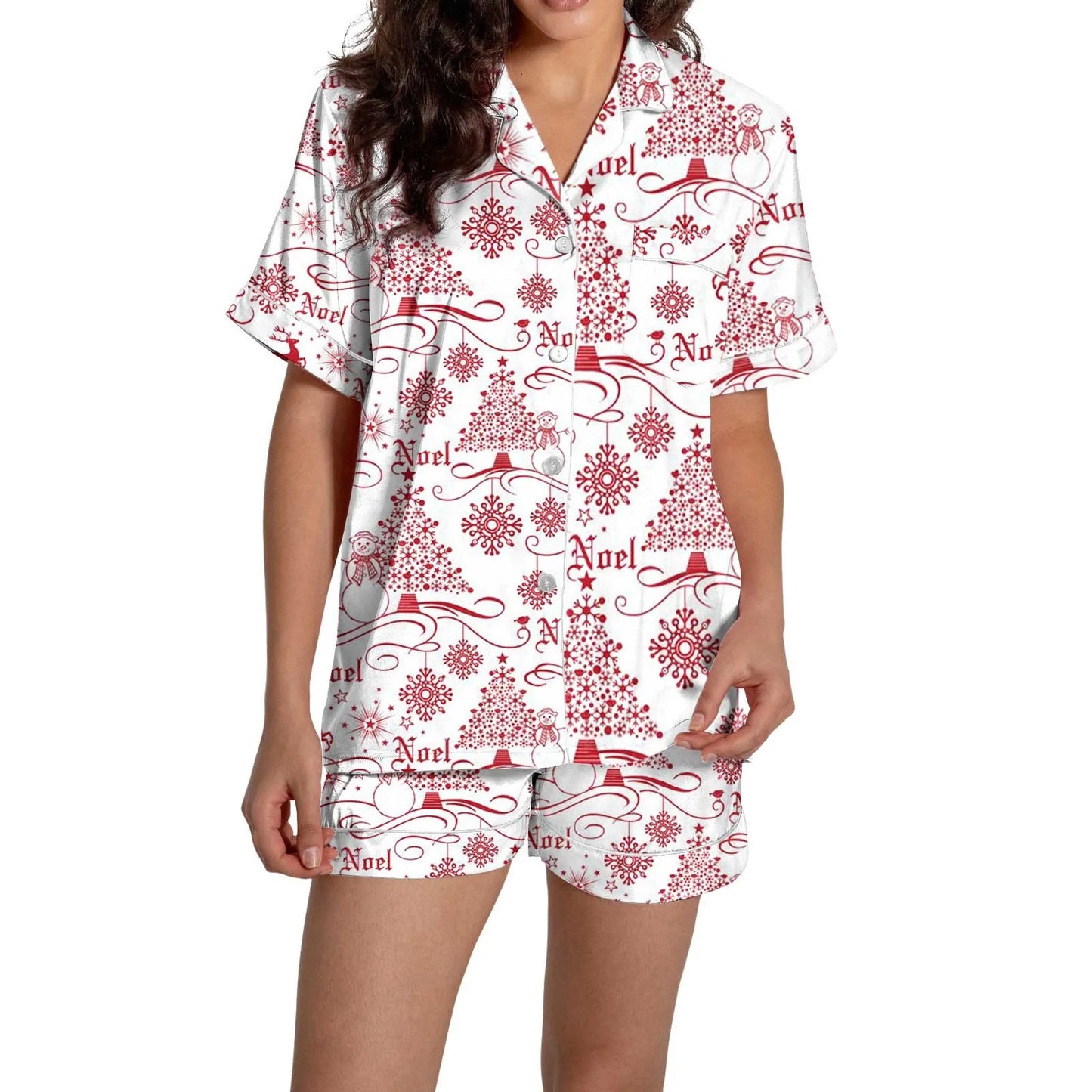 Christmas Graphic Print Women's Button-Down Shirts Pajamas Shorts Set Causal Women‘s Silk Satin 2 Piece Homewear Shorts Set Soft