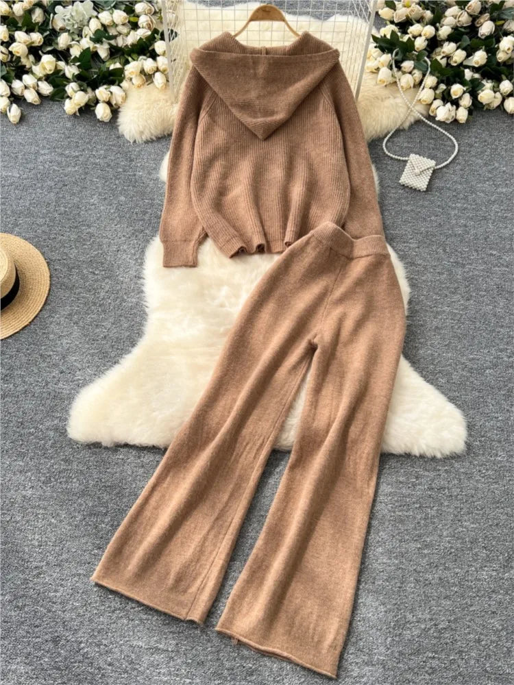 Amay Women 2 Piece Knitted Sweater Pantsuits Winter Fashion Korean Blouses Tops and Casual Pants Set Elegant Female Hoodies Outfits