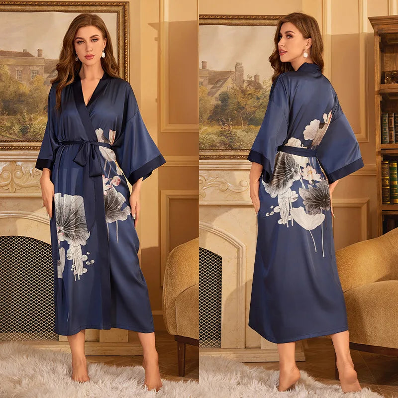 Maxy Japanese Style Half Sleeve Kimono Bathrobe Gown Female Long Robe Nightgown Sleepwear Loose Satin Print Flower Home Dressing Gown