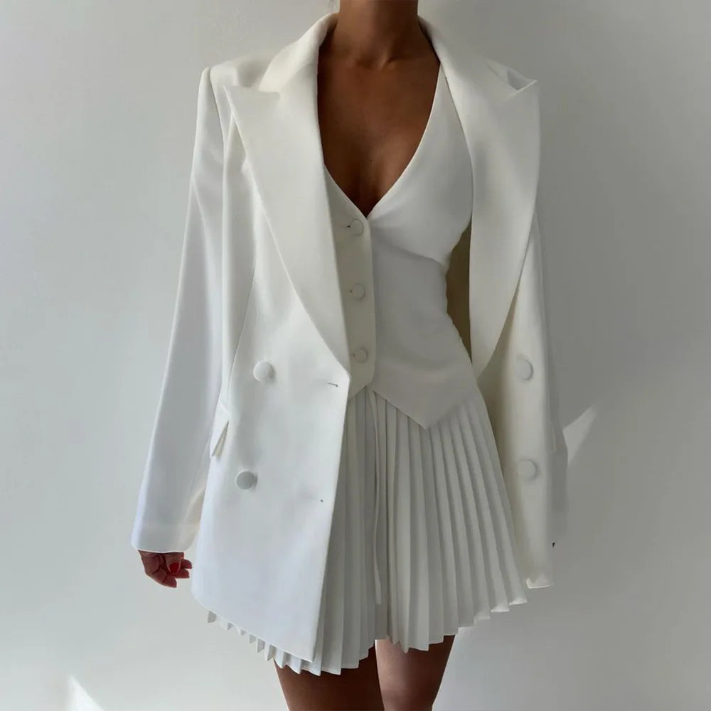 Maxy Women's Popular Skirt Two Piece Sets Women V Neck Single-breasted Vest Tops Pleated Curvy Chic Mini Dress Elegant Clothes Fall