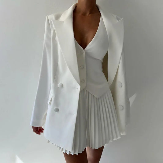Maxy Women's Popular Skirt Two Piece Sets Women V Neck Single-breasted Vest Tops Pleated Curvy Chic Mini Dress Elegant Clothes Fall