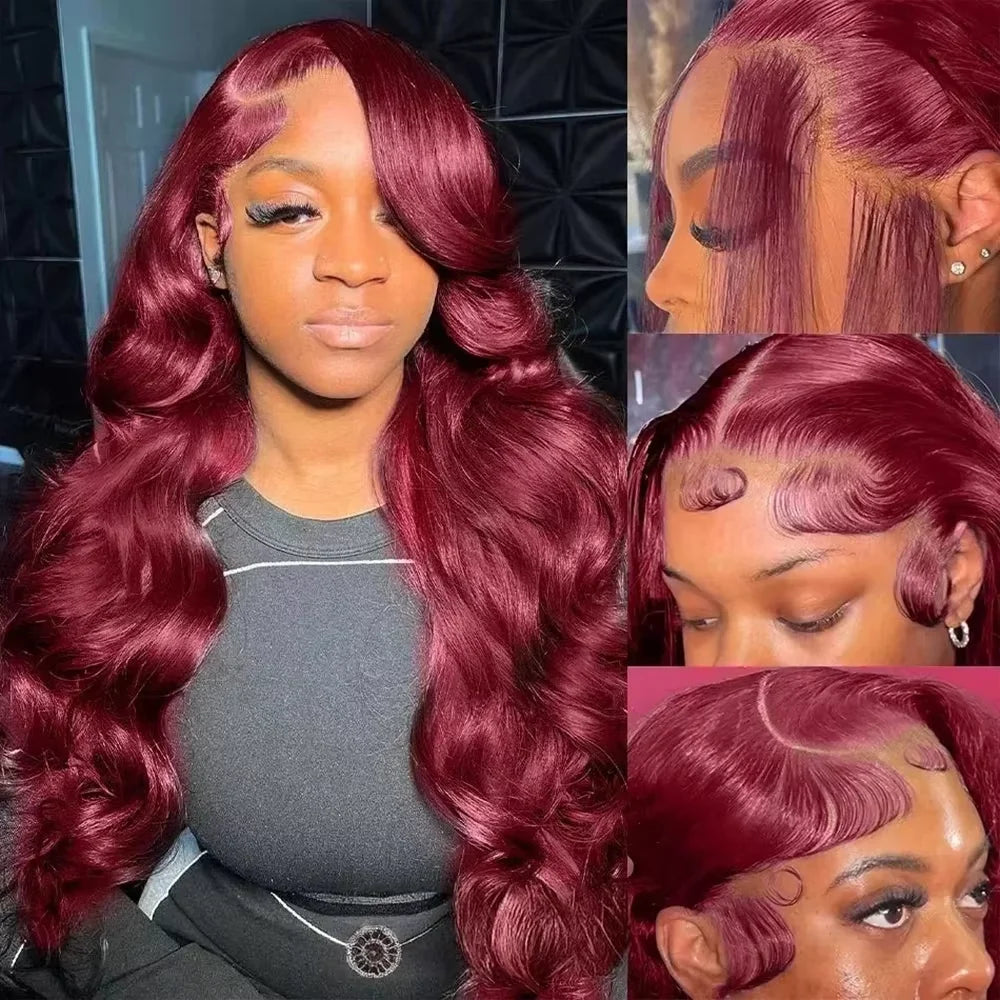 99j Burgundy 46 Inch Body Wave Human Hair Wig 13x6 HD Lace Frontal 220 Density Pre Plucked Human Hair Adjustable Breathable Wig