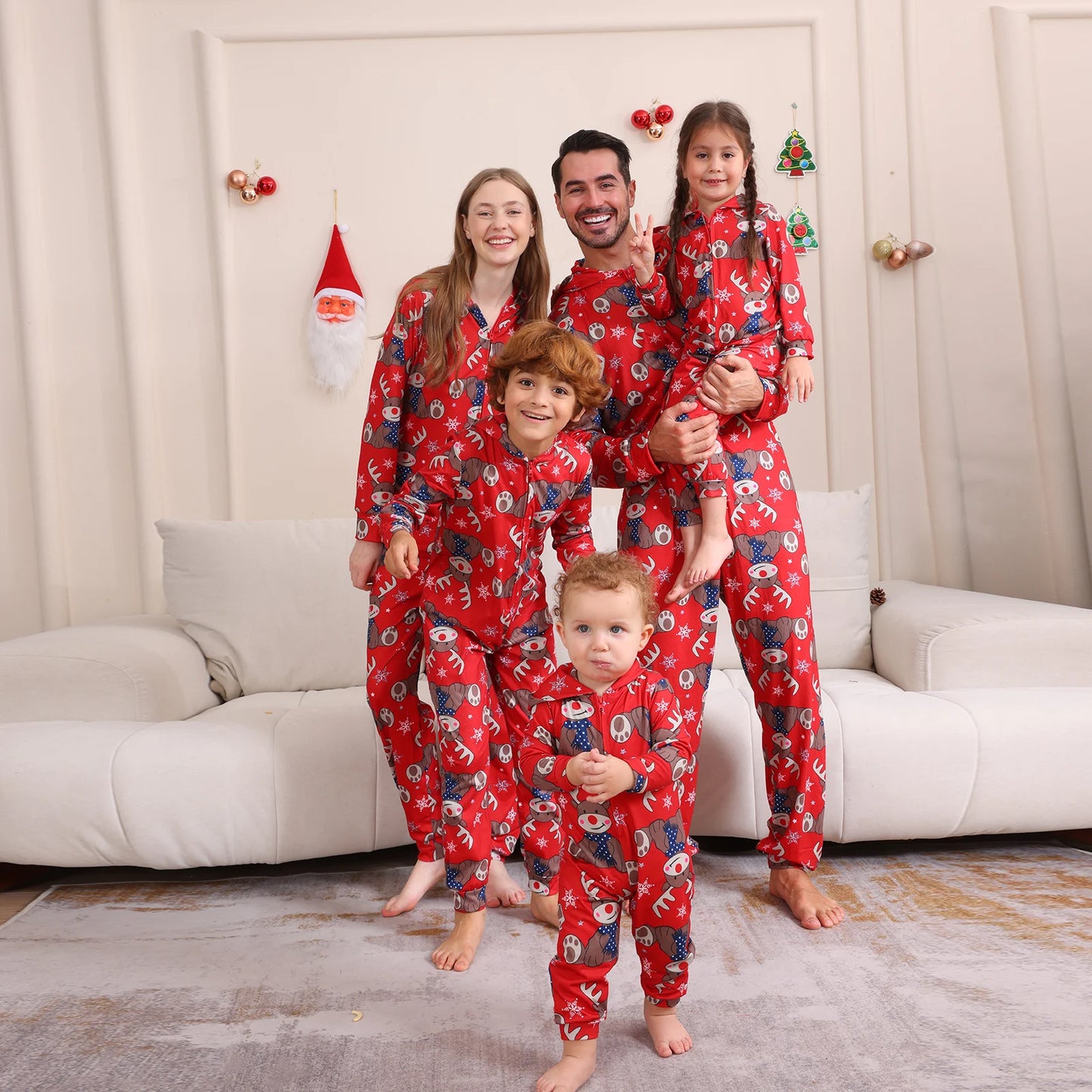 Max Family Matching Christmas Pajamas Reindeer Snowflake Print Long Sleeve Zip Full Length Hood Jumpsuit Holiday Sleepwear