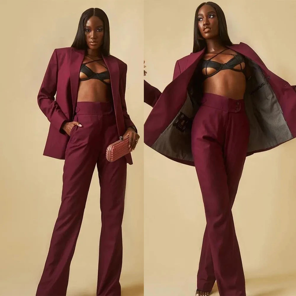 Maxy Classic Women Burgundy Suits Custom Made Peaked Lapel Loose Over Size Blazer Streetwear Outdoor Casual Daily Coat 2 Pieces