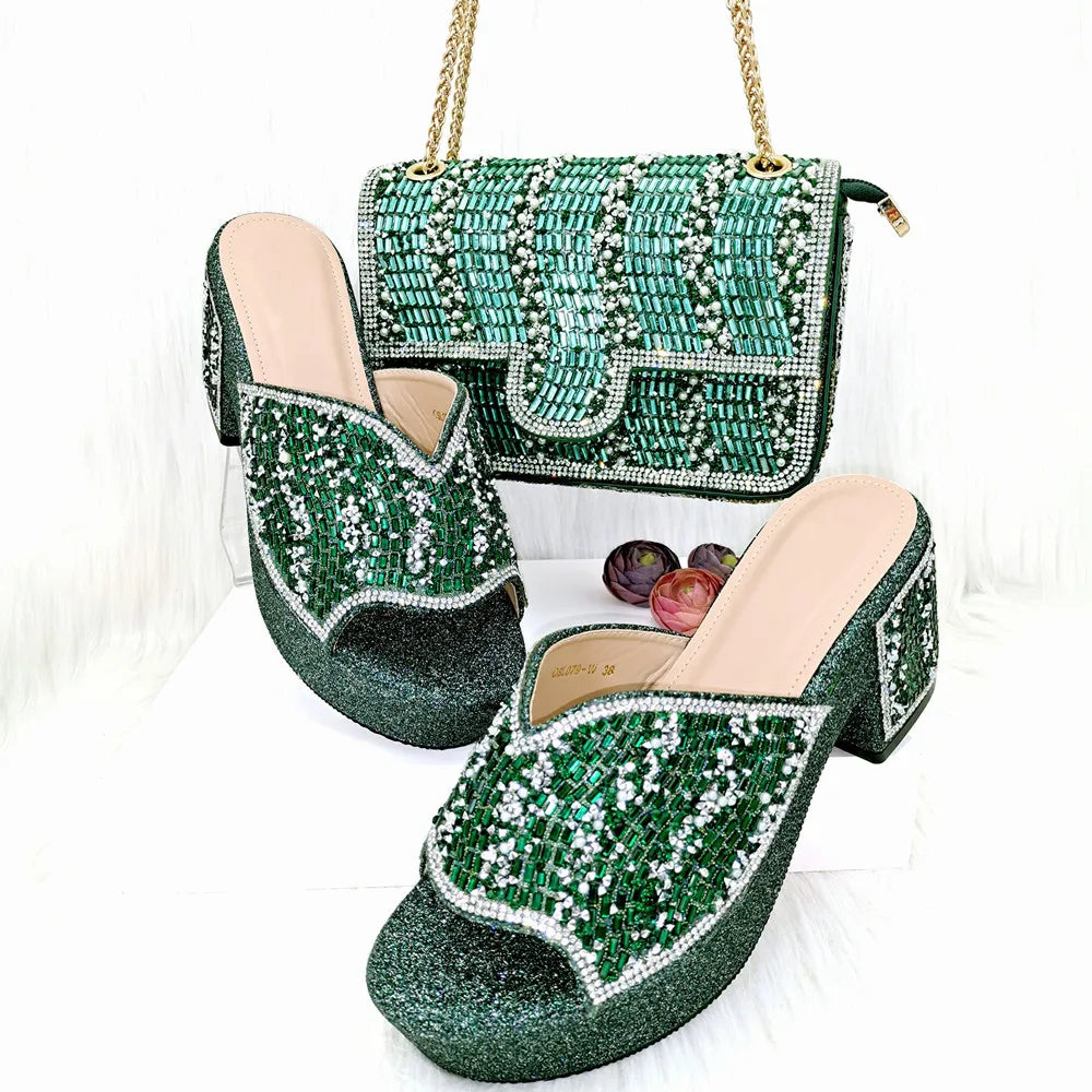 Maxy Design Summer Rhinestone Woman Shoes and Purse Set for Party African Elegant Pumps Slipper And Bag Matching Set