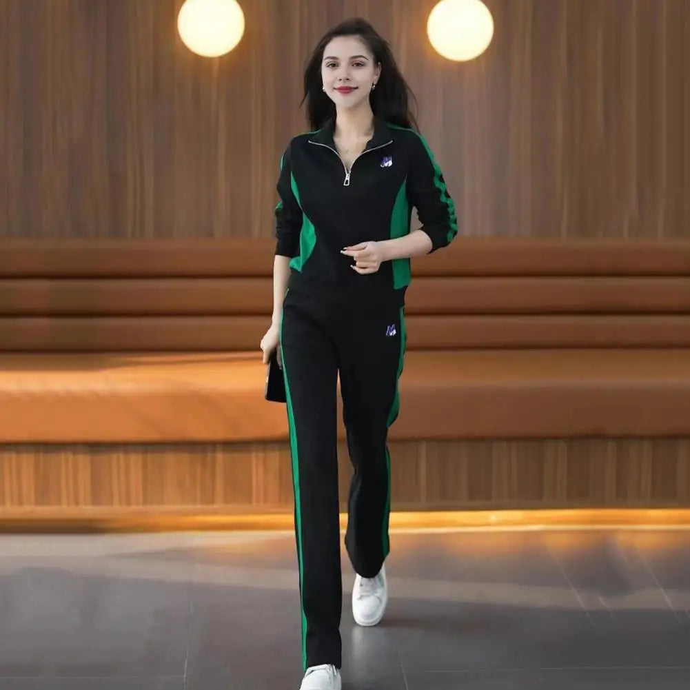 Stand-up Collar Tracksuit Stylish Women's Sportswear Set Color Matching Zippered Stand Collar Sweatshirt Wide Leg for Casual