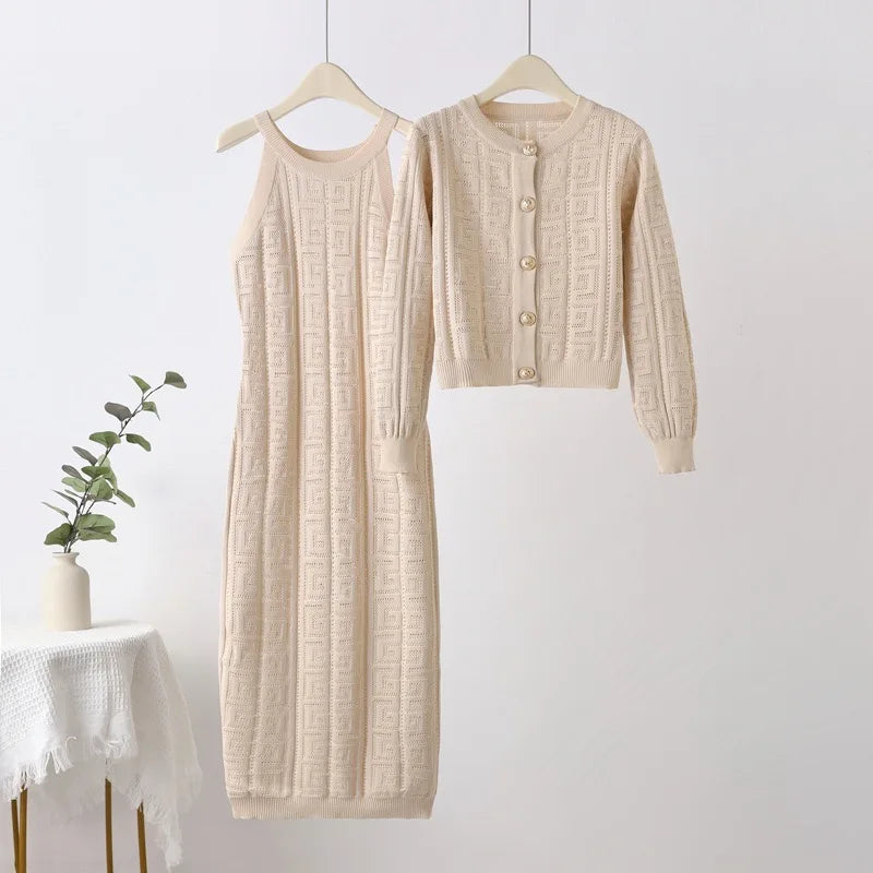 Maxy Knitted Fall Winter Warm Women 2 Piece Sets O-neck Single Breasted Cardigan Coats Tops Conjunto Korea Sleeveless Dresses Outfit