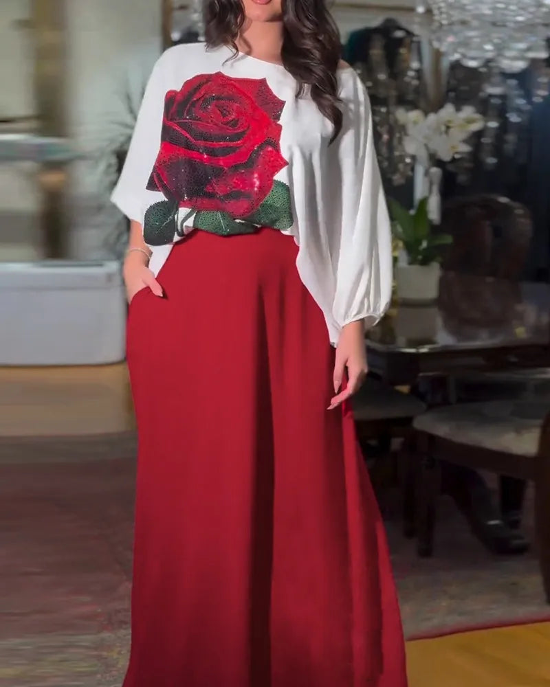 Maxy Casual Long Sleeve T-shirt Dress Set Office Lady Spring Summer Loose Print Tops Solid Skirt Two Piece Set Women Outfit