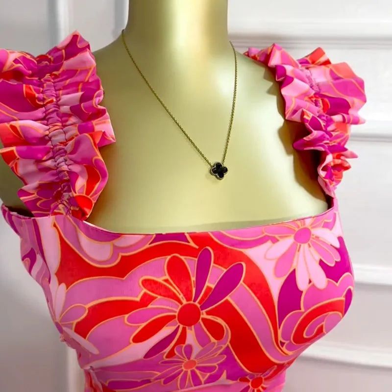 Maxy Skirt Set Women Two Piece Sets Floral Print Dress Sets Sling Short Vest Tops A Line Long Skirts Matching Sets Sexy Elegant Y2k