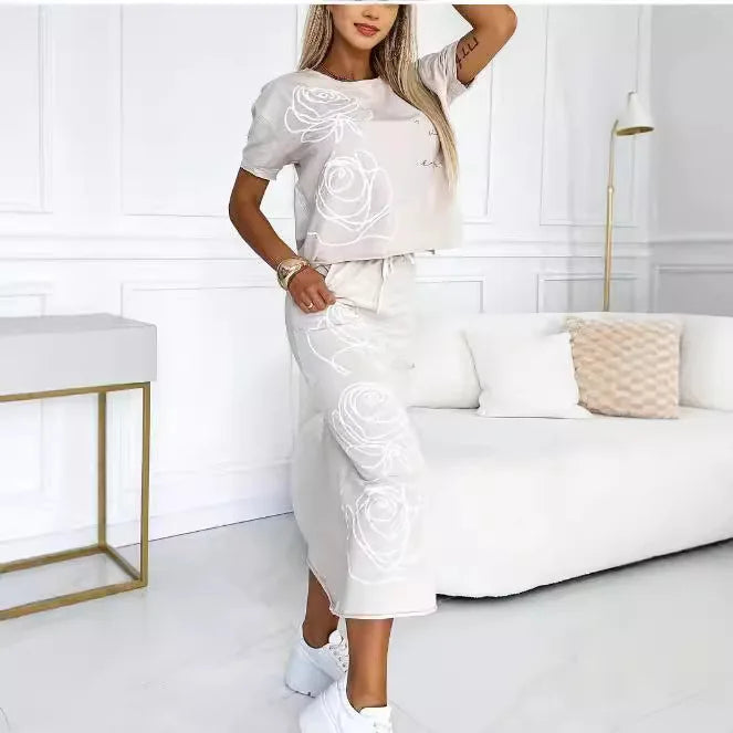 Maxy Fashion Women's New Rose Flower Print Dress Two-piece Set Women's T-shirt Top + Skirt Sui't 2-piece Sets