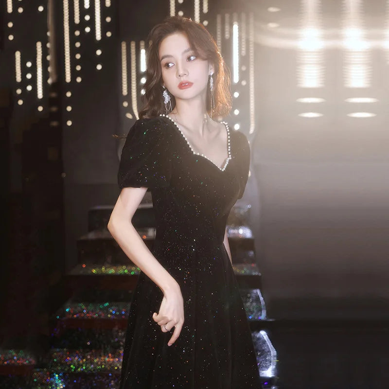 Maxy Fashion black evening dress 2024 new temperament annual meeting student art test dress elegant celebrity banquet