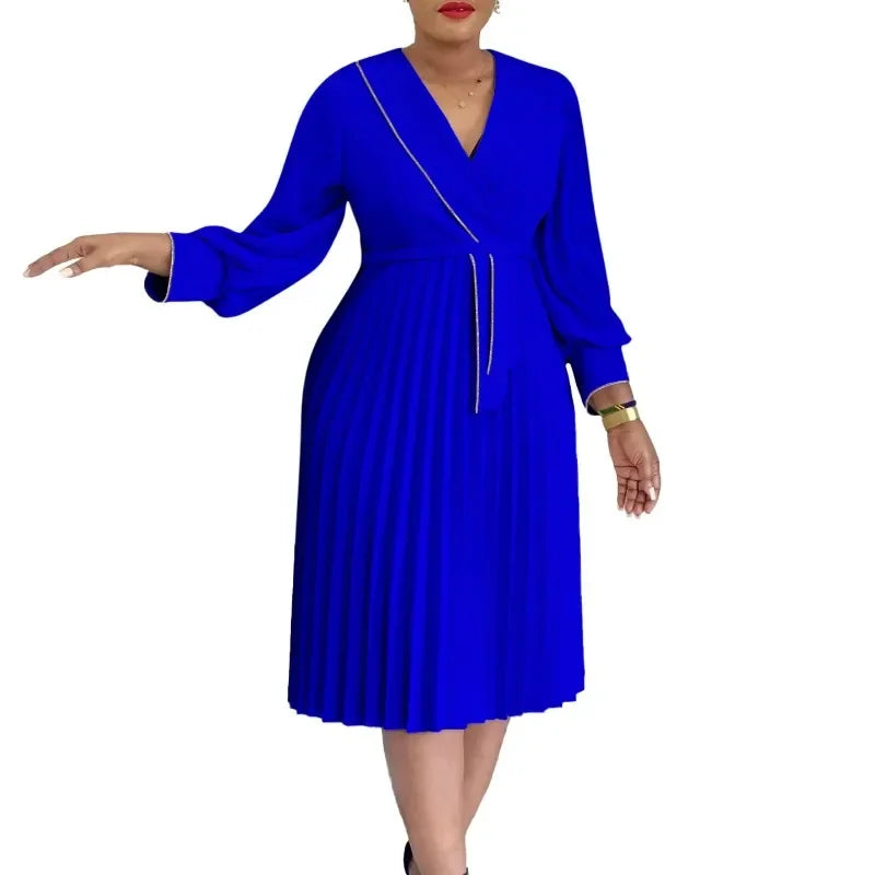 Maxy Elegant A-line Dress Women's Luxury V-neck Long Sleeved Pleated Mid Waist African Fashion Women's Birthday Party Dresses