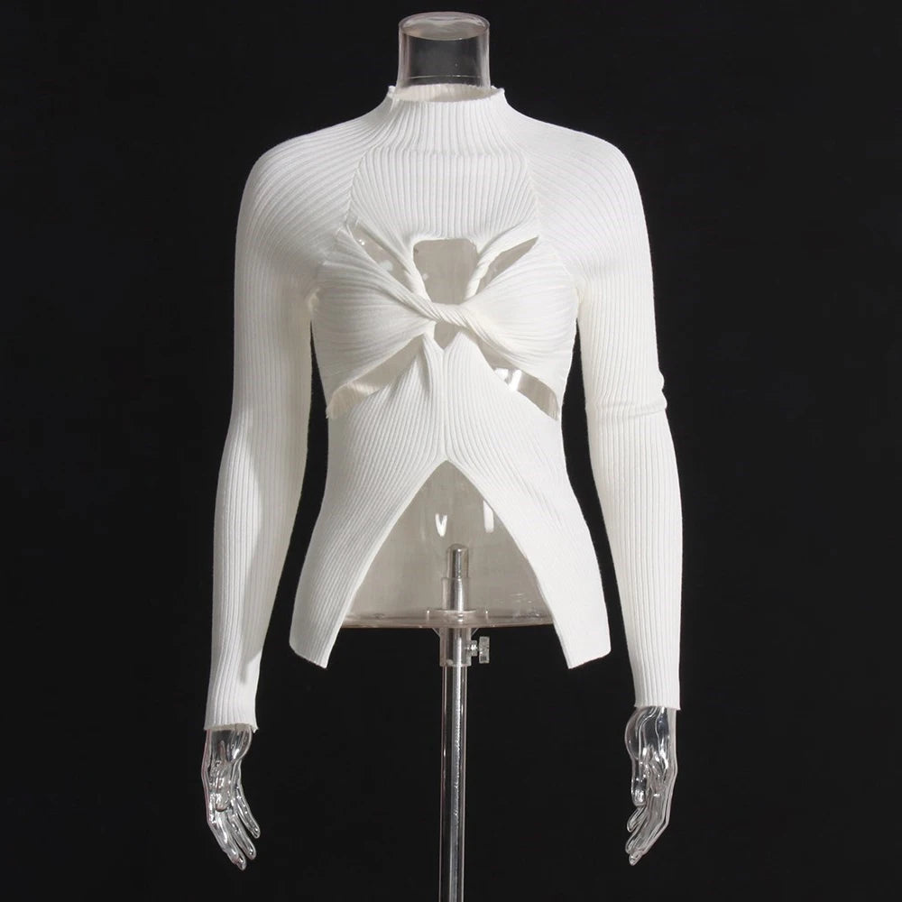 Amay Hollow Out Slimming Chic Sweaters For Women Stand Collar Long Sleeve Minimalist Knitting Pullover Sweater Female Fashion New