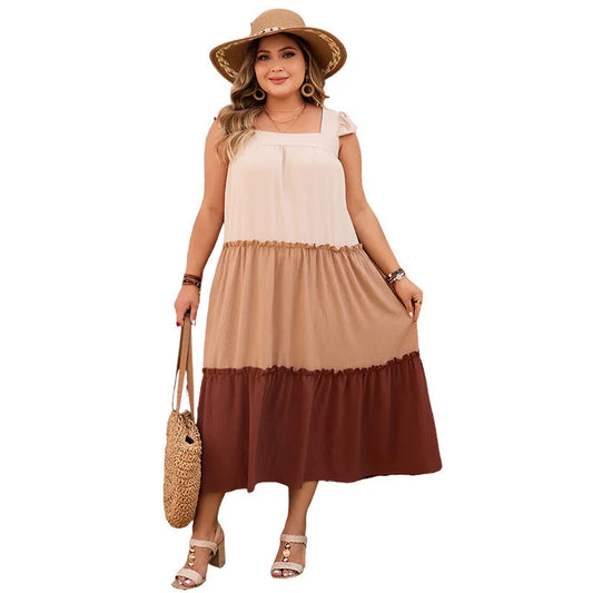 Maxy Fat Large Size Mm Spliced Color Camisole Dress Spliced Large Swing Loose Dress Party Summer Elegantes Casual Y2k