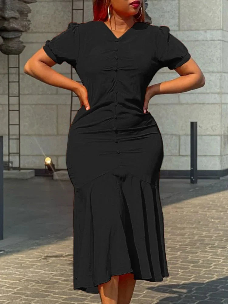 Amay Summer Elegant African Women V-neck Polyester Green Black Red Short Sleeve Dress S-3XL African Dresses for Women