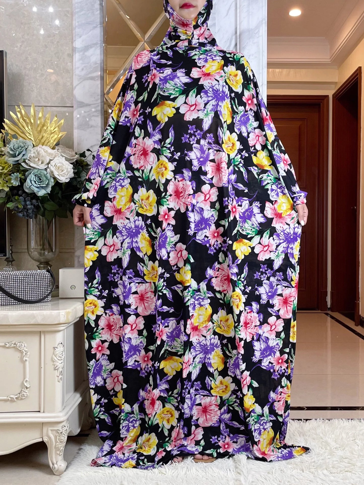 Maxy Muslim Women Hooded Abaya Turkey-African Prayer Garment Kaftan Dress With Hijab Floral Prints Dubai Saudi Robe Ramadan
