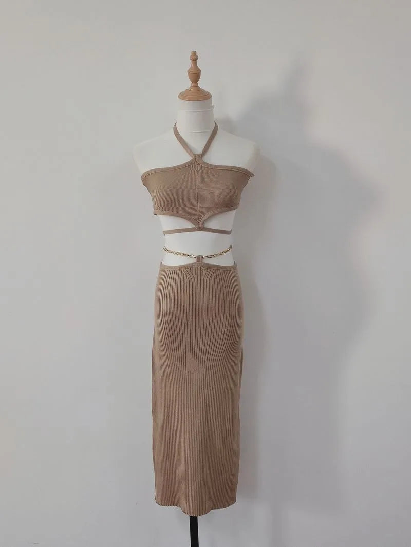 Maxy Temperament Knit Hanging Neck Tank Top Wrap Hip Skirt Two Piece Set Women Lace Up Backless Collarbone Spicy Solid Banquet Wear
