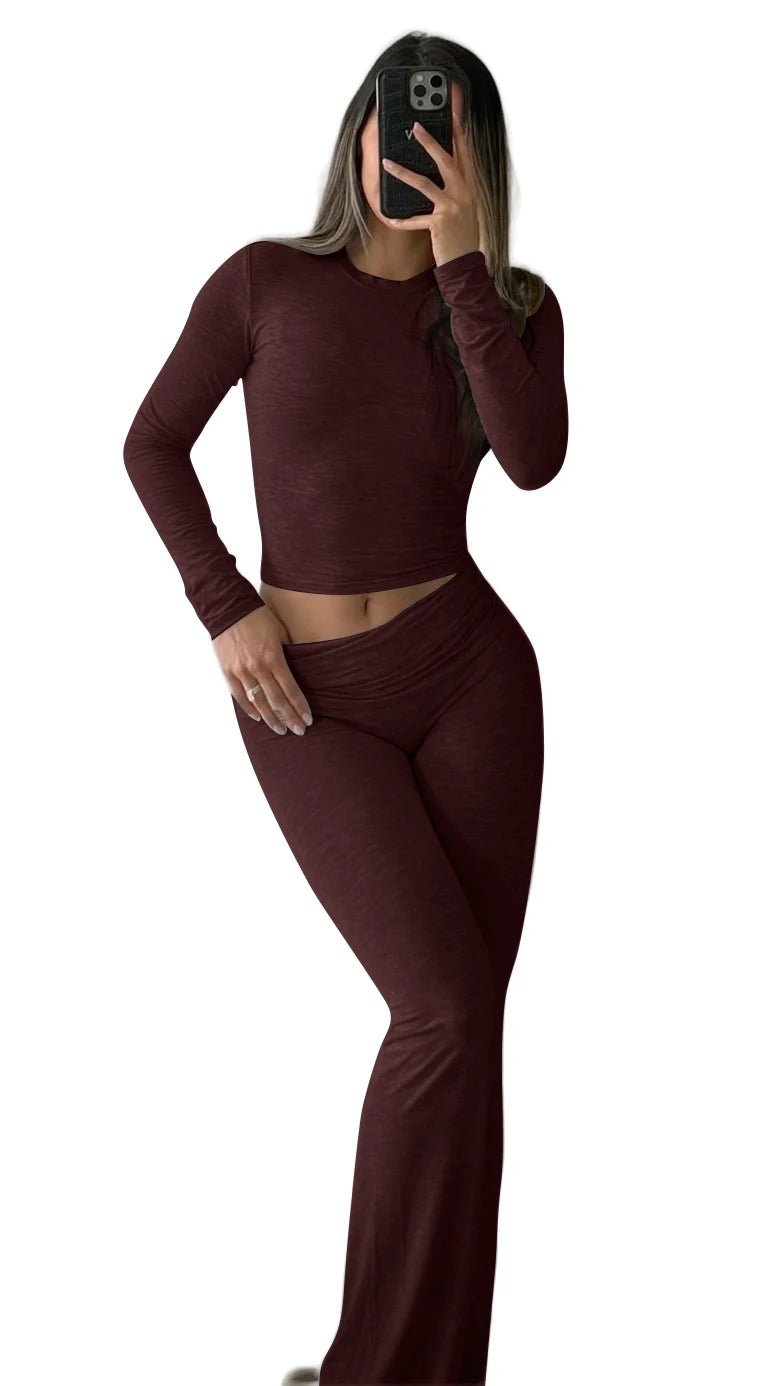 Maxy Casual Workout Two Piece Outfits Long Sleeve High Waist Fold-over Flare Flared Leggings Pants Tracksuit Sets Streetwear