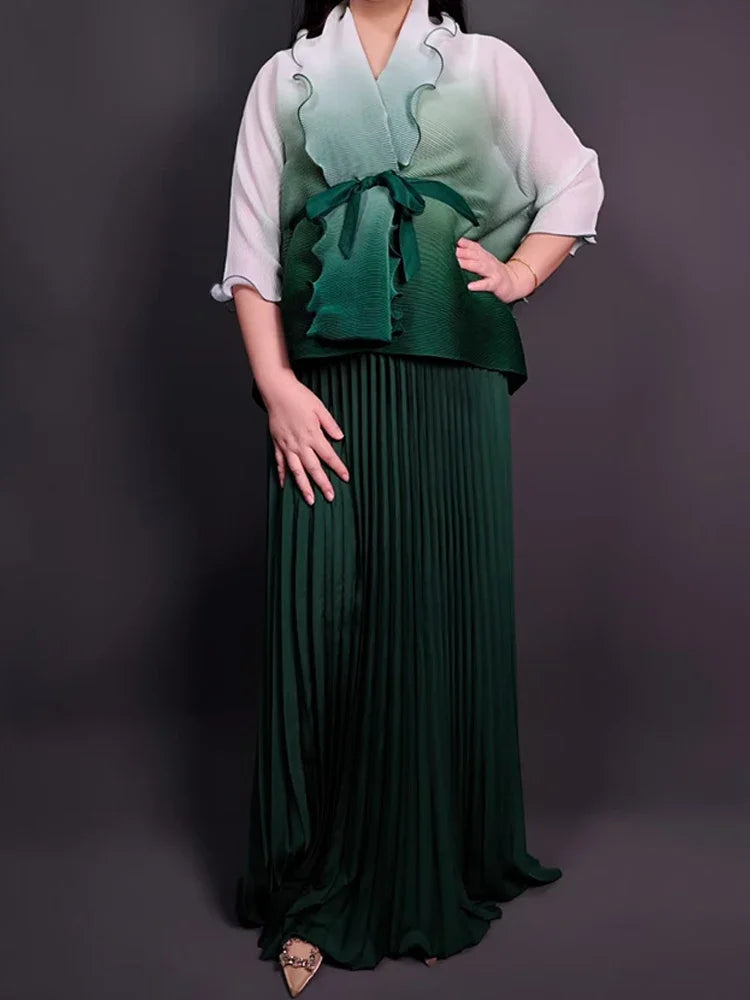 Amay Gradient Pleated Fashion 2 Piece Sets Belt Waist Batwing Sleeves Ruffles Tops A-line Long Dresses Elegant Party Set 32R1391