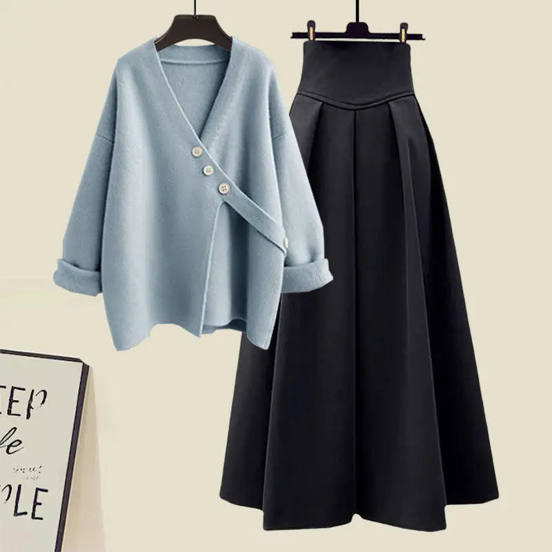 Amay Autumn and Winter Fashion Women's Set New Korean Knitted Sweater Sweater Age Reducing Slim Half Skirt Two Piece Set