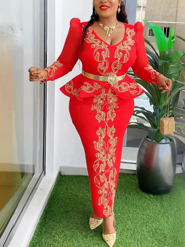 Amay Women Wedding Bride Party Maxy Dress V Neck Luxury Hot Drill Long Sleeve Ruffle Hem Package Hip Elegant Evening Event Celebrate Gowns