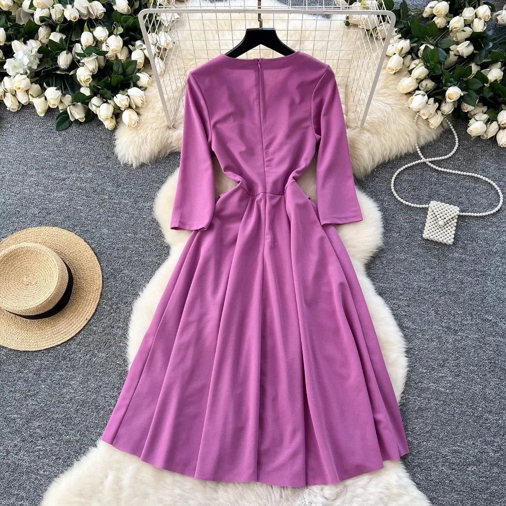 Maxy Elegant Three-Quarter Sleeves Vintage V-neck Spliced Slim Long Pleated Dresses Evening High Street Autumn Plus Size Clothing