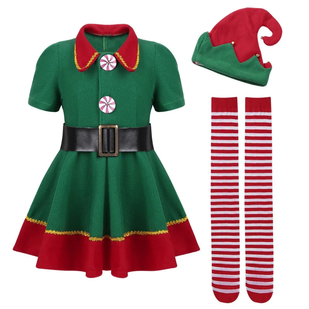 Christmas Maxy Family Costume Role Playing Outfit Green Santa Claus Party Performance Fancy Clothing for Men Women Girls Boys