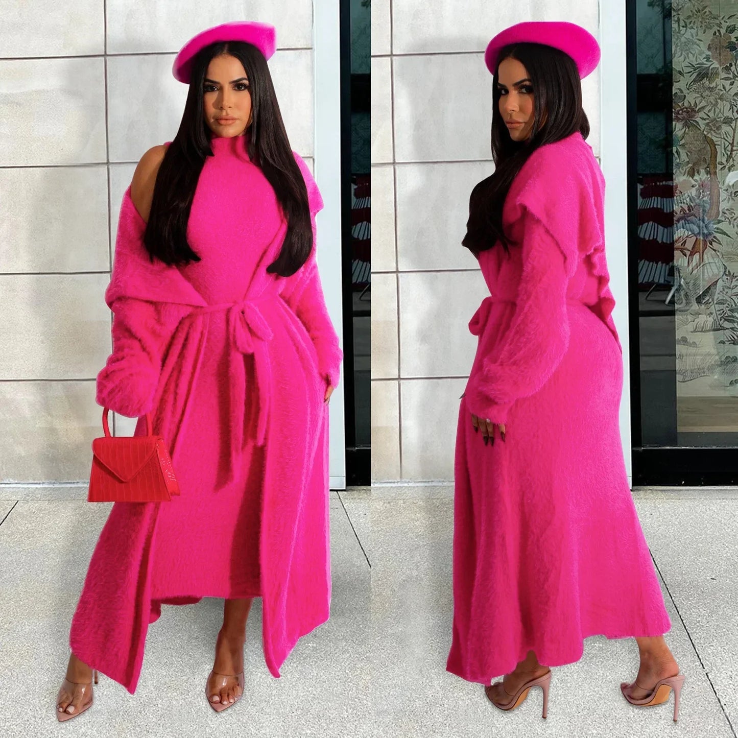 Maxy Women Dress Sets Two Piece Long Sleeve Round Neck Cardigan Solid Color Elastic Waist Casual Slim Fit Patchwork Autumn Belt