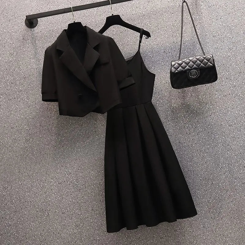 Maxy Spring and Summer New Large Women's Dress Korean Style Suit Top+fashionable Slip Dress Suit Is Slim and Fashionable