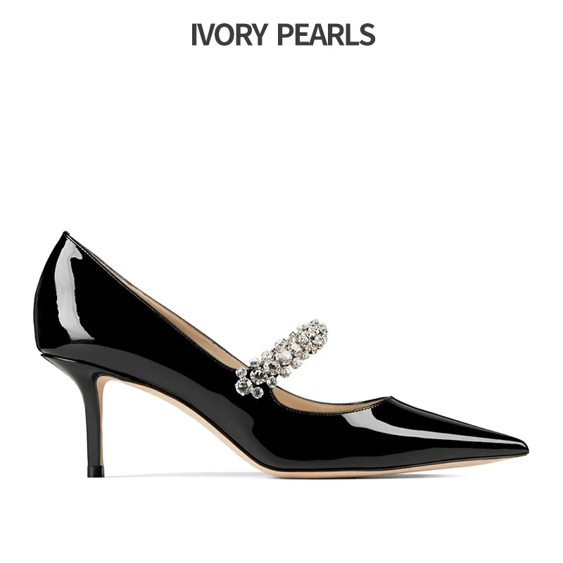 ViscoBright Black Single Shoes with Rhinestones Low Heels Patent Leather Women Dress Shoes Pointed Toe Stilettos with Ankle Strap