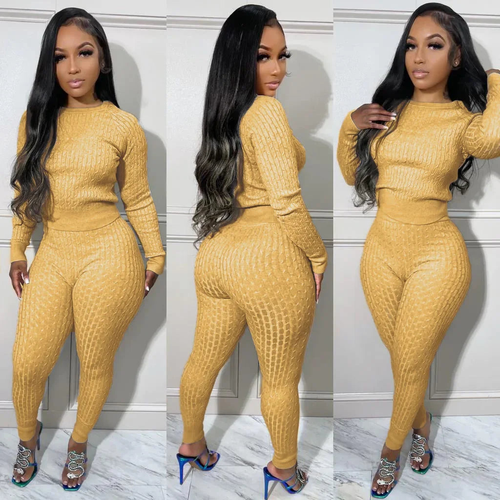 Maxy Women Fashion Weave Two 2 Piece Set Outfits Street Autumn Winter Sweater and Knit Pants Suit Active Tracksuit