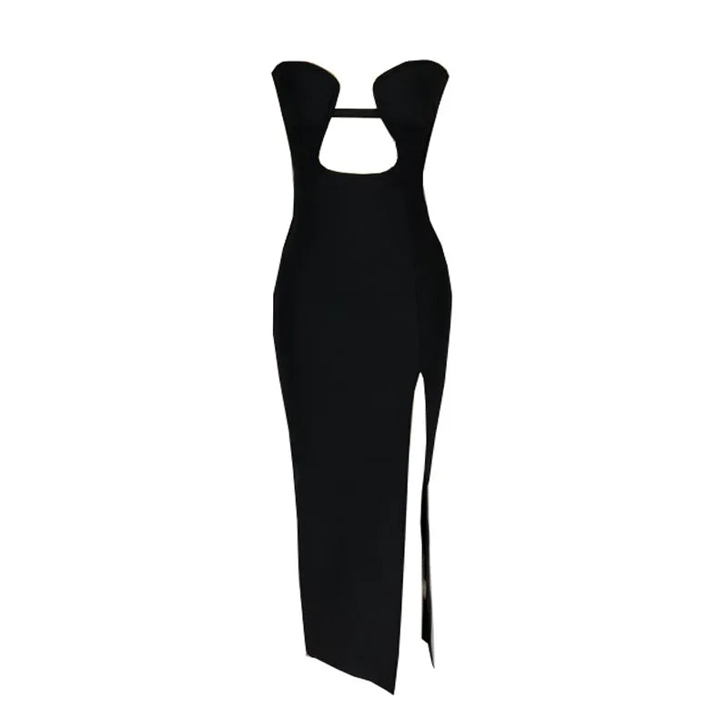 Maxy New Summer Black Strapless Long Split Bandage Dress Sexy Elegant Women's Night Club Celebrity Evening Party Bodycon Dreess