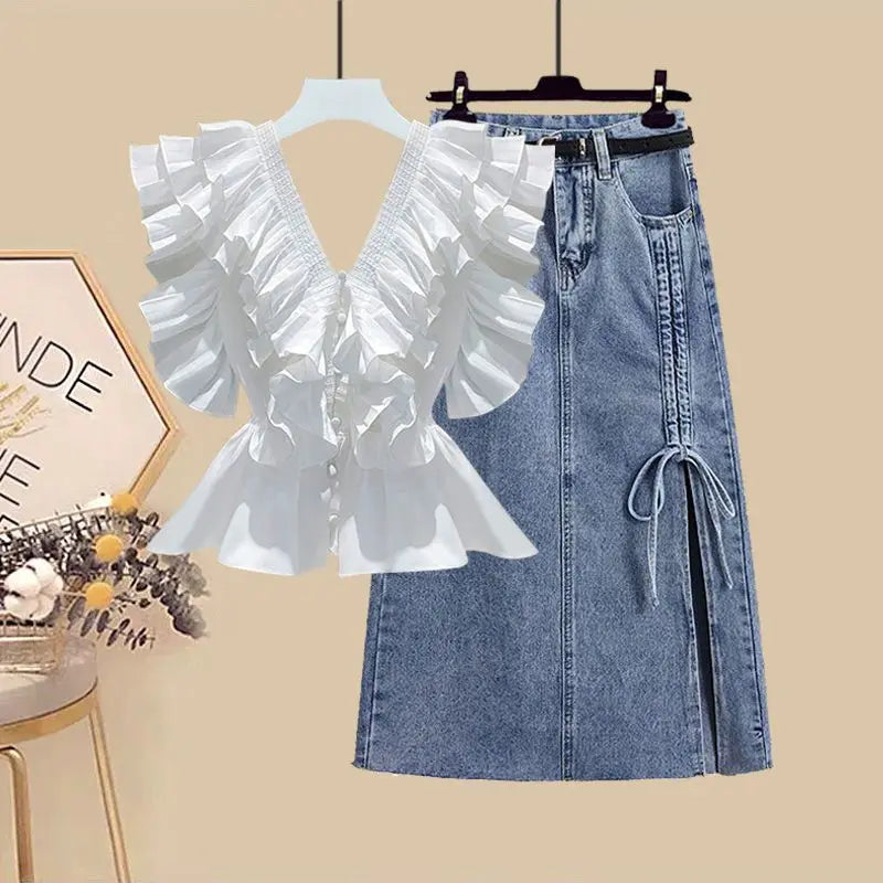 Maxy Spring/Summer Set Women's New Korean Style Western Versatile Top with Waist Wrap to Show Slim Denim Skirt Two-piece Set