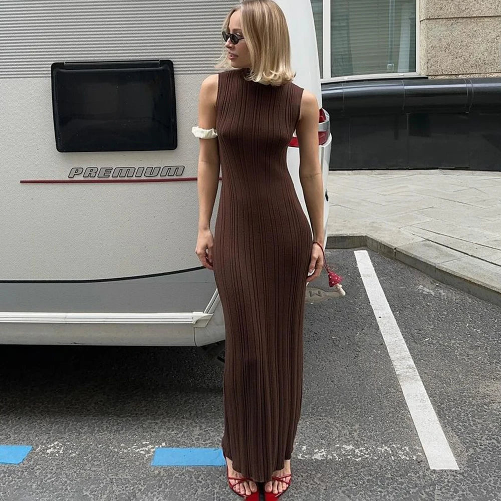 Maxy Talena Knitted Sleeveless Slim Long Dress Women's Fashion Elegant Evening Dress High Neck Solid Color Sexy Knitted Long Dress