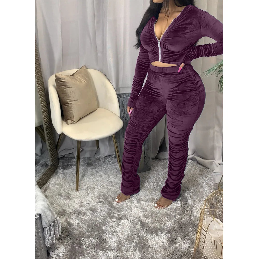 Maxy Autumn Winter Velvet Tracksuit Two Piece Set for Women Matching Sets Ruched Hoodies Jacket Stacked Pants Joggers Sweat Suits