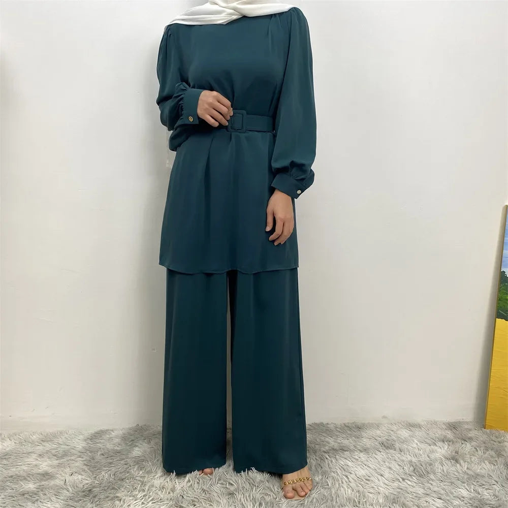 Maxy Muslim Women Long Sleeve Tops Wide Leg Pants Set Eid Ramadan Islam Clothing Dubai Turkey Kaftan Dress Arabic Outfits Suit Abaya