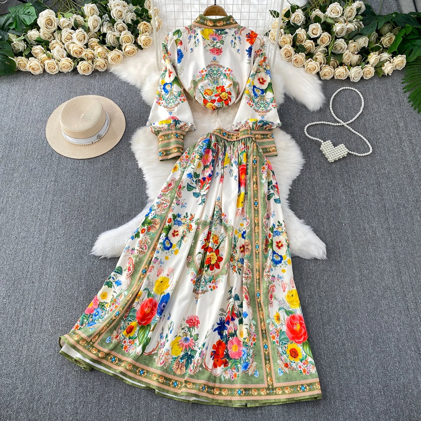 Maxy Autumn Printed Skirt Two-piece Set Lapel Long Sleeved Shirt A-line Skirts Matching Sets French Elegant Vacation Women's Suit
