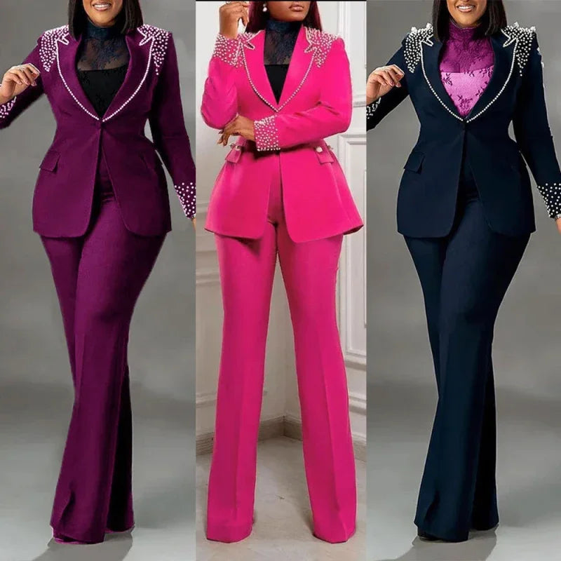 Maxy Fashion 2 Piece Women Set New Arrival Matching Two Pieces Sets Beads Blazer Coat Top Pants Suits Outfits
