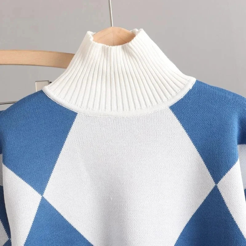 Maxy Geometric Argyle Sweater Knit 2 Piece Sets Autumn Women Casual Loose Turtleneck Pullovers Top+Knit Harem Pants Suits Tracksuits