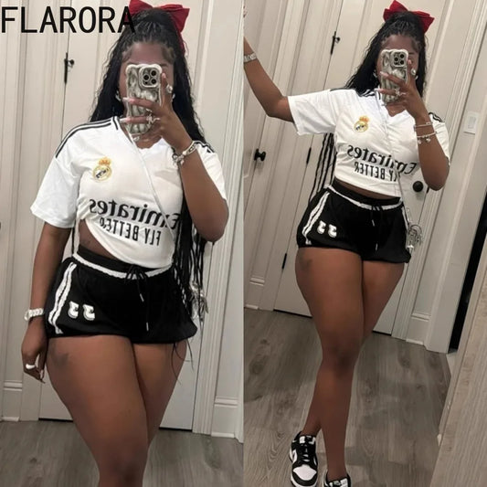 Maxy Letter Print Two Piece Sets Woman V Neck Short Sleeve Tops And Drawstring Shorts Outfits Casual Street Tracksuits