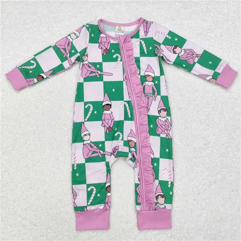 Maxy Winter Fashion Match Children Christmas Cane Green and White Plaid Long Sleeve Long Pants Pajama Set Wholesale Pajamas Romper