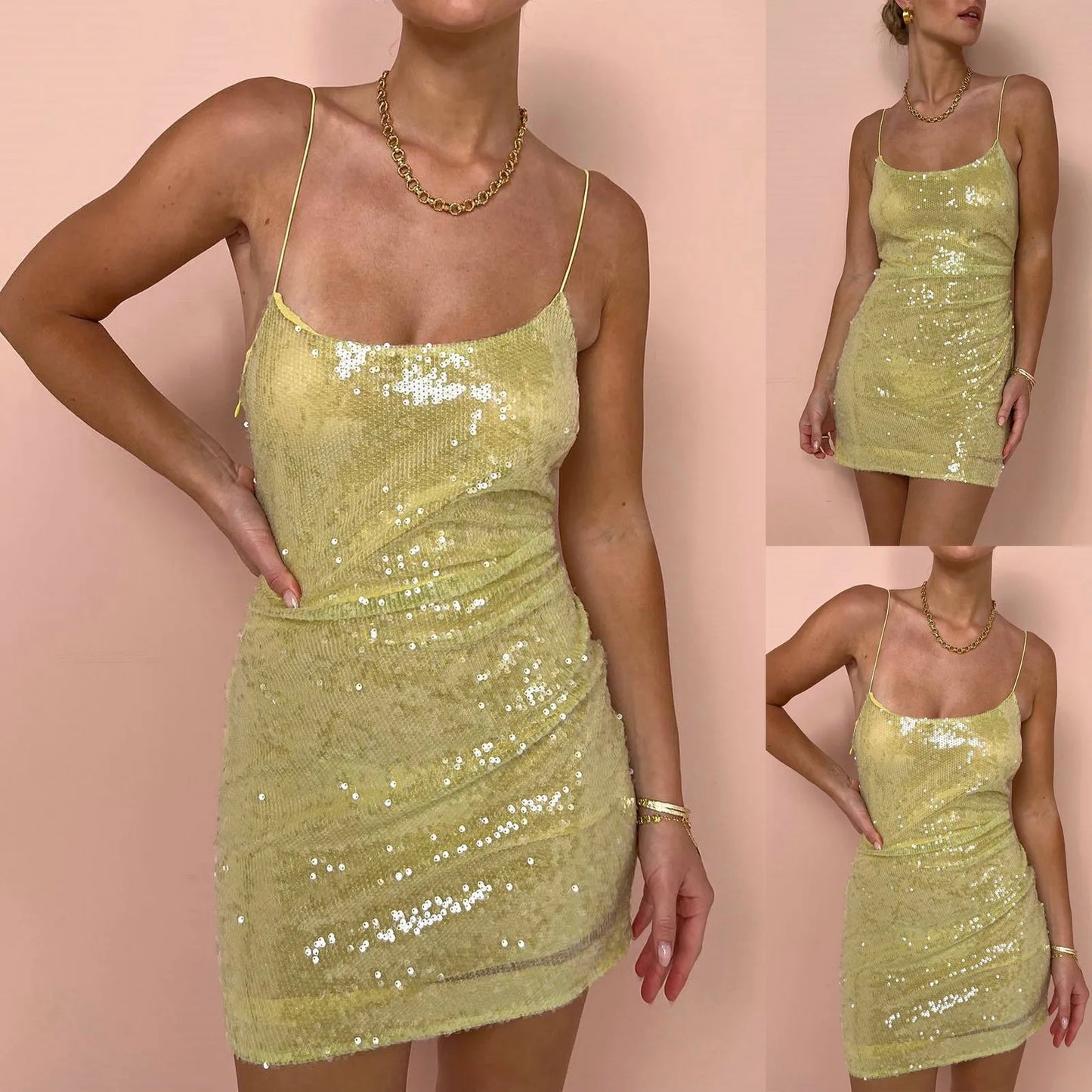 Maxy Trendy Solid Color Spaghetti Strap Glitter Sparkly Sequin Dress for Women Bodycon Dresses