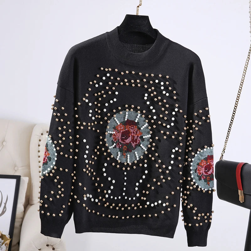 Maxy fashion brand diamond beading suits female woolen warm knit sweaters + rivet beading knit pants two pieces sets wq2384 factory