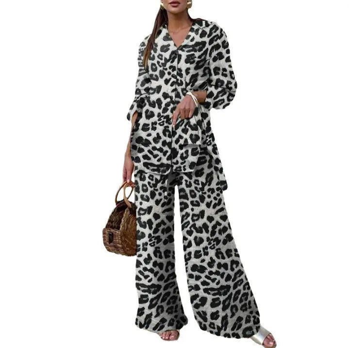 Maxy Autumn Fashion Leopard Print Women's Suit Two-piece Retro Street Print Casual Loose Long-sleeved V-neck Top Wide-leg Pants Suit
