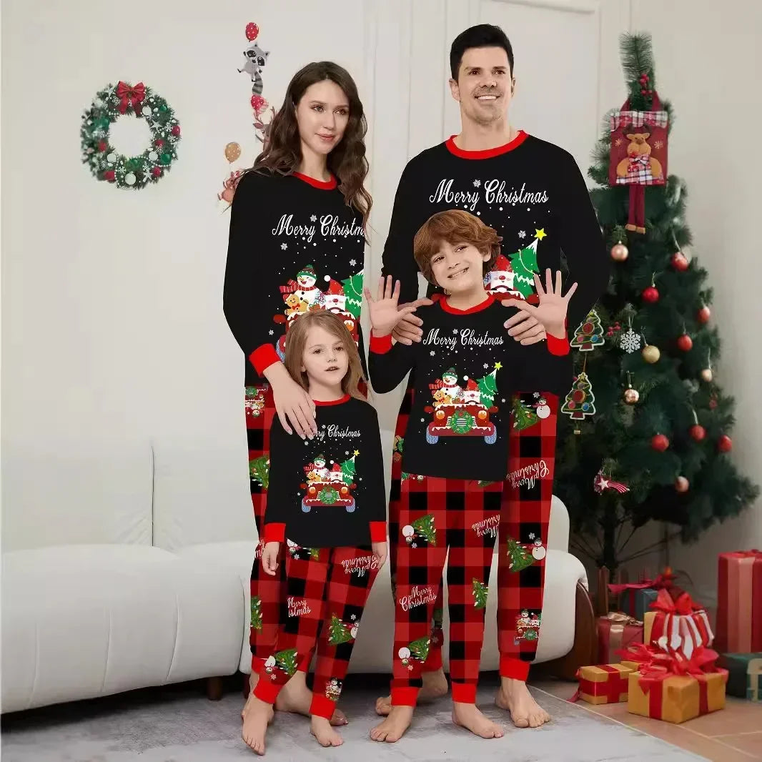 Maxy 2024 Winter Christmas Family Matching Clothes Cartoon Allover Print Casual Soft Lounge-wear Parent-child Pajamas Set Xmas Gift