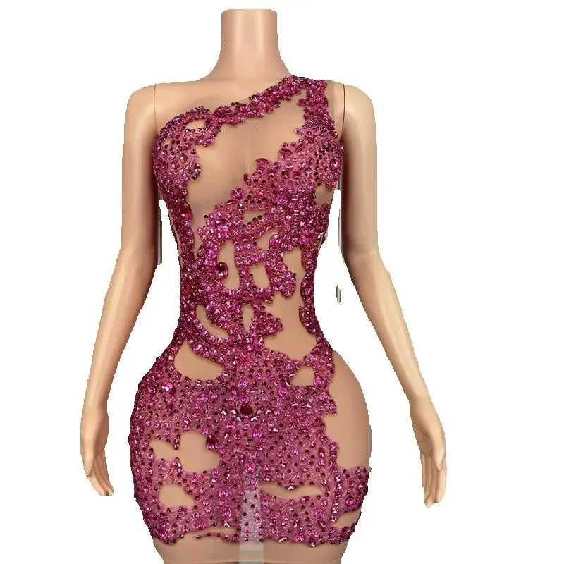 Maxy Pink Rhinestones Party Dress Women Celebrate Performance Outfit Nightclub Bar Festival Dresses Evening Gown Stage Wear