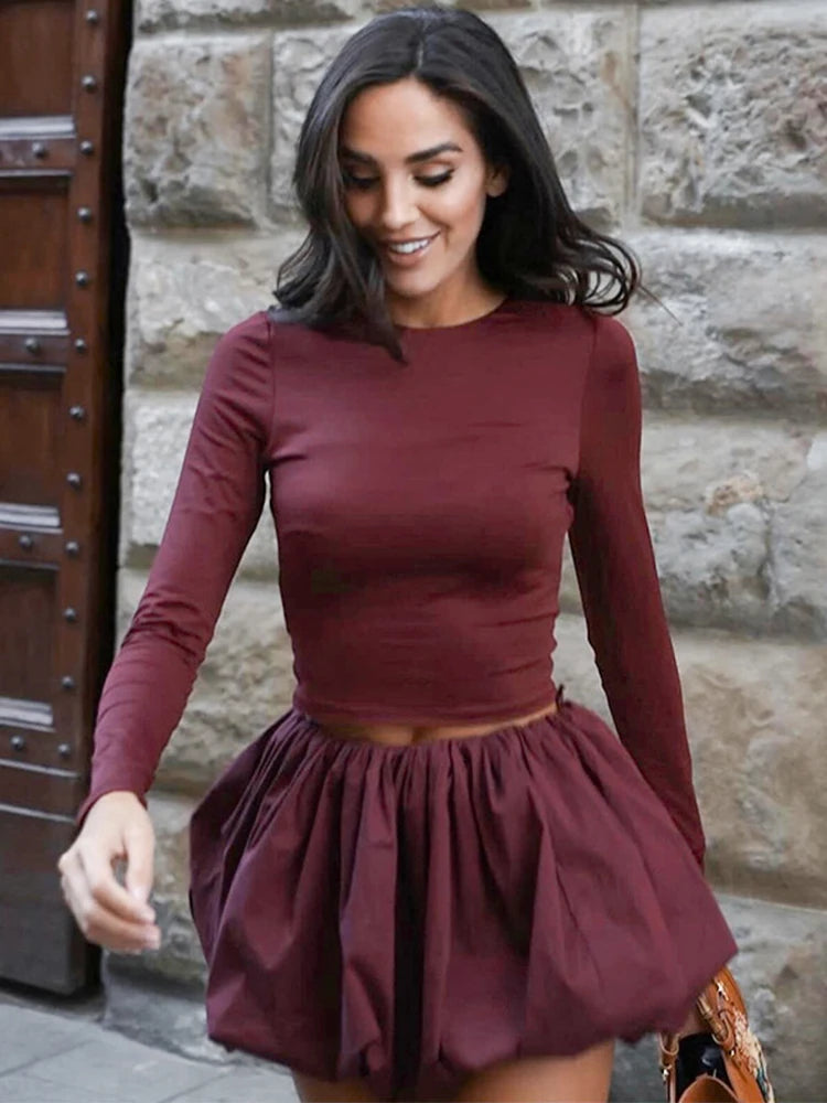 Maxy Trendix Pleated Skirt 2 Piece Sets Women Burgundy Bodycon Long Sleeve Shirts Vintage Fashion High Waist Dress Suits Winter