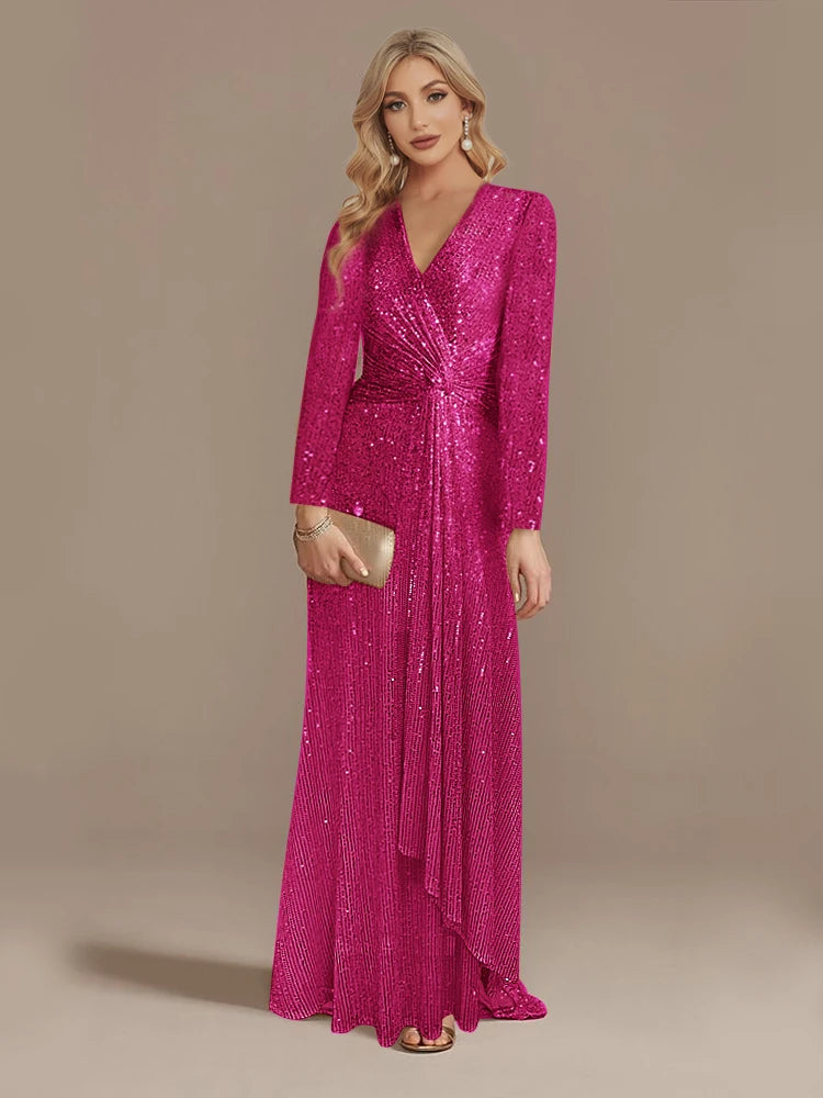 Maxy Luxury Long Sleeve V-Neck Evening Dress Wedding Party Sequins For Women Female Guests Red Prom Cocktail Dresses
