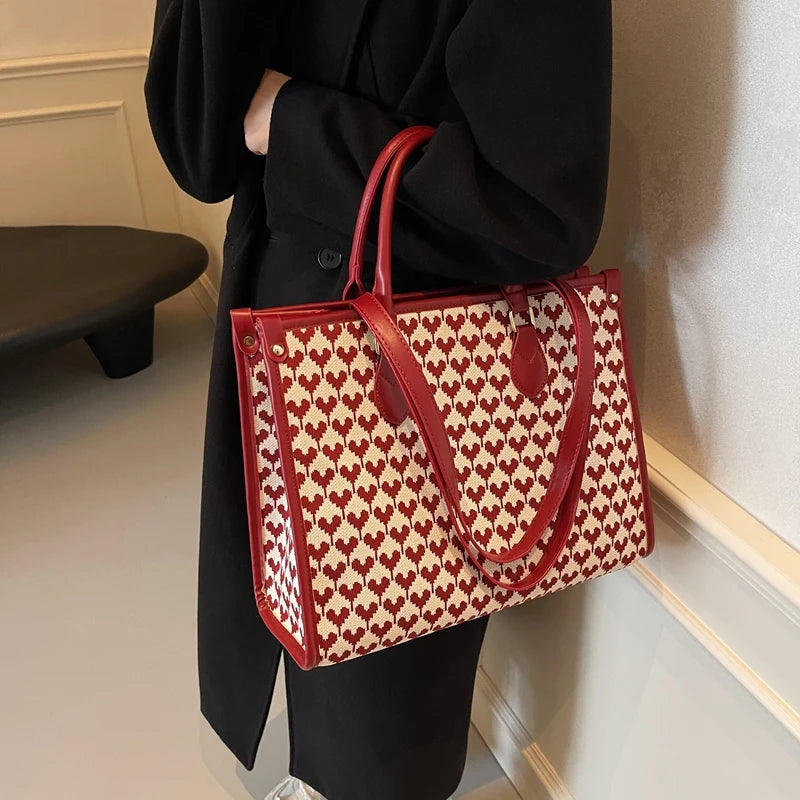 Maxy Red Love Heart Handbag For Women Large Capacity Cloth Travel Bag Fashion Hand Bag Retro Houndstooth Female Portable Tote Bag