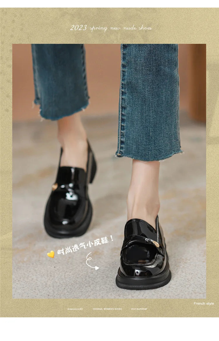 Amay Loffer Shoes Women's Brand Autumn/Winter New Genuine Leather Small Gold Coin Single Shoes Thick Sole Small Leather Shoes